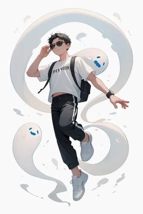 Full body boy, full shot, white diver , piel Blanca,  short hair ,  with black sunglasses ,  black pants, white sneakers. white background. Floating, ghost, clear feet  