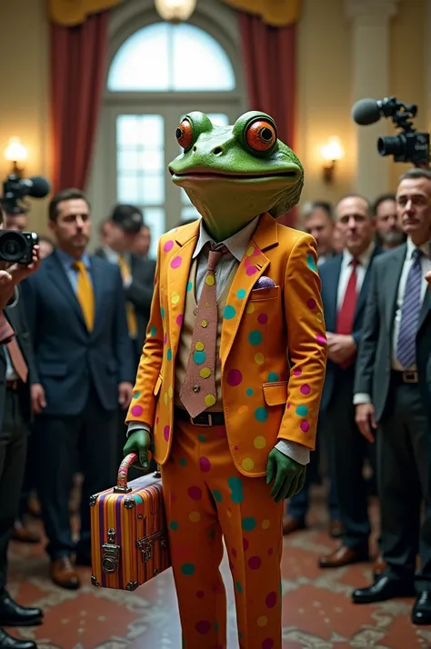 
"A lawyer with the face of an old frog, wearing a colorful clown suit, holding a clown briefcase while giving a press conference. The scene is humorous and surreal, with a crowd of reporters in the background, all capturing the moment. The lawyers express...