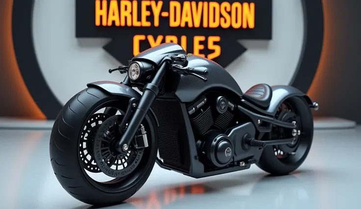 Generate a high-resolution, fully realistic image of aBlack hawk Harley Davidson) in (Color), with a sleek and modern exterior, futuristic wheels, and a shimmering body color, displayed in a luxurious showroom with a large logo on the back wall. The bike s...