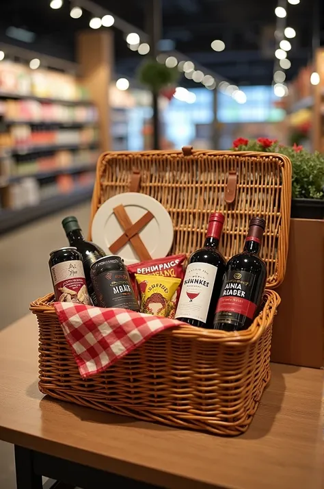  A picnic basket in a supermarket that was set up for promotional purposes for a wine manufacturer. In the picnic basket are wine cans and a few snacks 