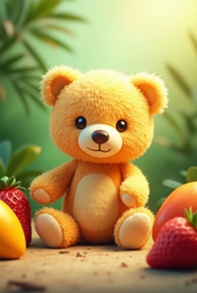 Teddy bear with a mango and a strawberry