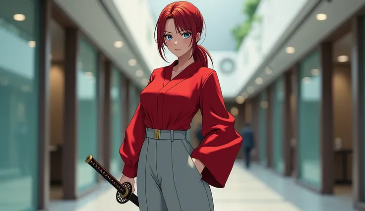 Anime Japanese woman, working woman, uniform, crimson hair, long hair, low ponytail, blue eyes, kimono-like scarlet shirt with large sleeves, oversized light grey slacks, beautiful E-cup breasts, nice buttocks, company hallway, carrying a samurai sword on ...