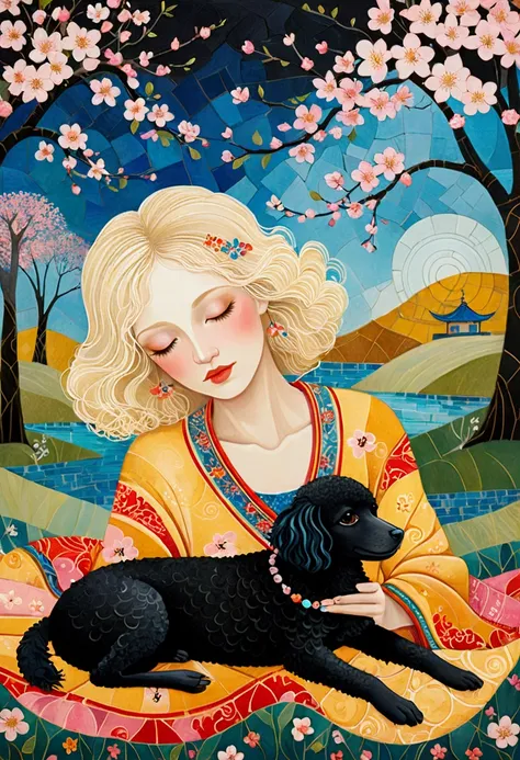 An illustration in the artistic manner of Laurel Burch, Sophie Wilkins, with skillfully dosed warm and cool colors, multicolored abstract bucolic landscapes, reminiscent of Golden Age illustrations, exuding sweet lyricism and romance.  a woman with blonde ...