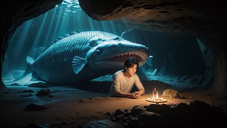 JONAS,  the young prophet with curled black hair ,  is seated inside the stomach of the big fish .  the environment is represented as a cave illuminated by a soft light. JONAS está de joelhos,  praying with a hopeful countenance . welcoming and imaginative...