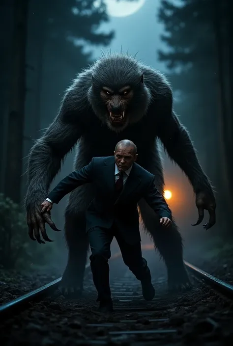 a werewolf attack on train driver at night and takes him to the forest ai image