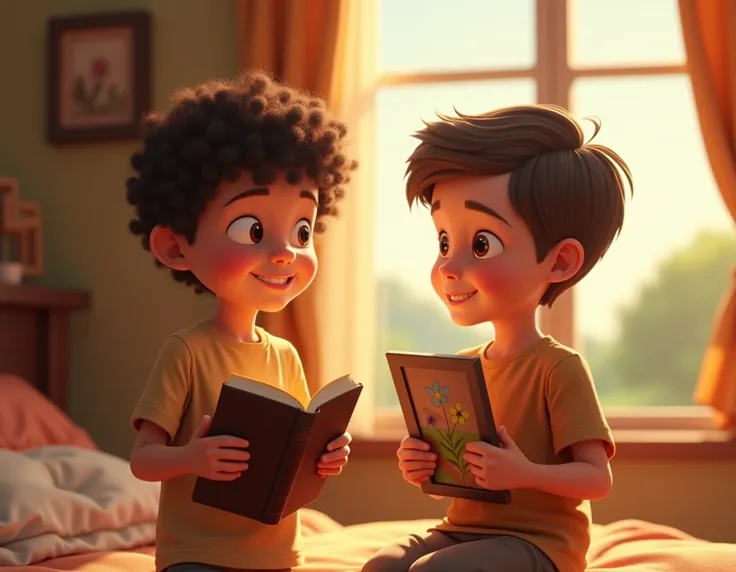 Pixar 3d image , a smiling one,  OF CURLY HAIR STRAIGHT SHORT ,  IN HIS HANDS A BIBLE AND PRAYING , ANOTHER  BOY ,  Brown-haired , IN THE HANDS A PAINTING DRAWING  ,  BACKGROUND LANDSCAPE INSIDE THE BEDROOM