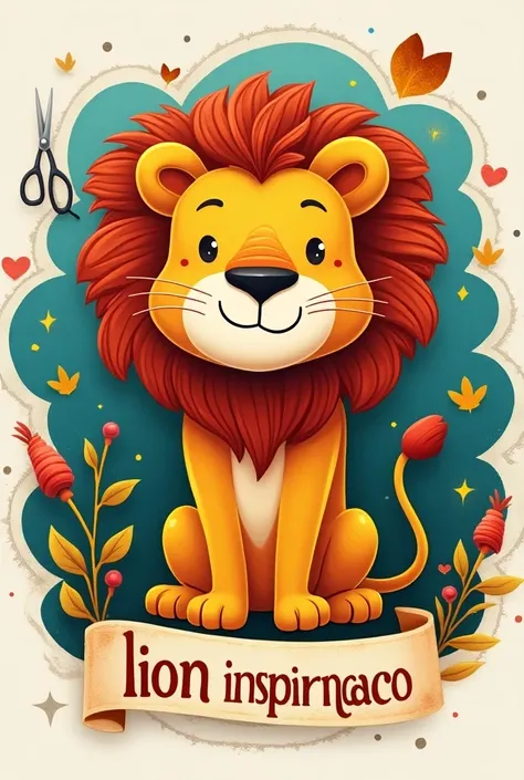 An animated lion logo with pins and scissors and threads that say lion inspiration in Spanish 