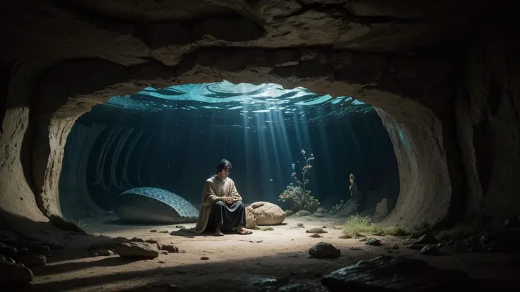 JONAS,  the young prophet with curled black hair ,  is seated inside the stomach of the big fish .  the environment is represented as a cave illuminated by a soft light. JONAS está de joelhos,  praying with a hopeful countenance . welcoming and imaginative...