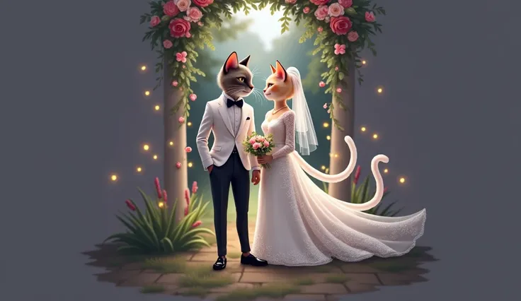 Cute bridal cat and groom wearing sparkle shiny a cot pant and bridal gown 