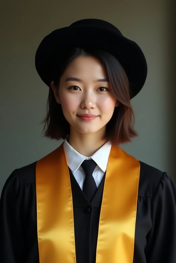 Graduation image 
Woman
Black beanie
Golden stole with black
Black robe
White shirt 
Black tie
From the front and with the hair behind
