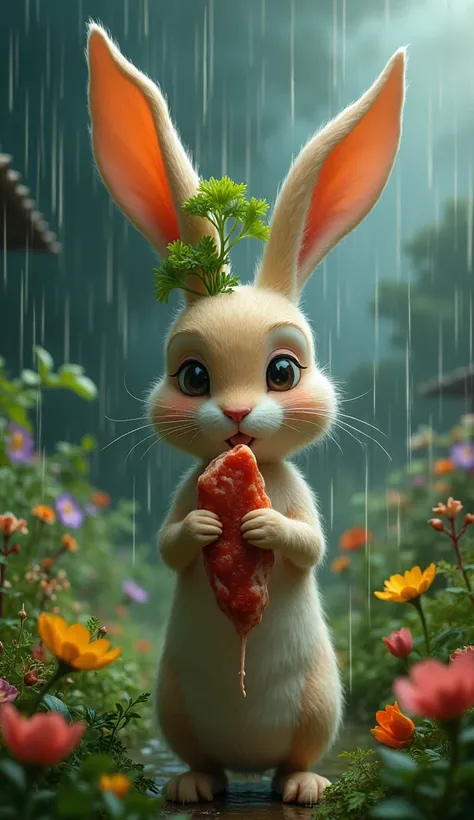 , one rabbit with the head , like a radish ,  holds a piece of meat in the garden ,  very beautiful bad weather it rains in the sky