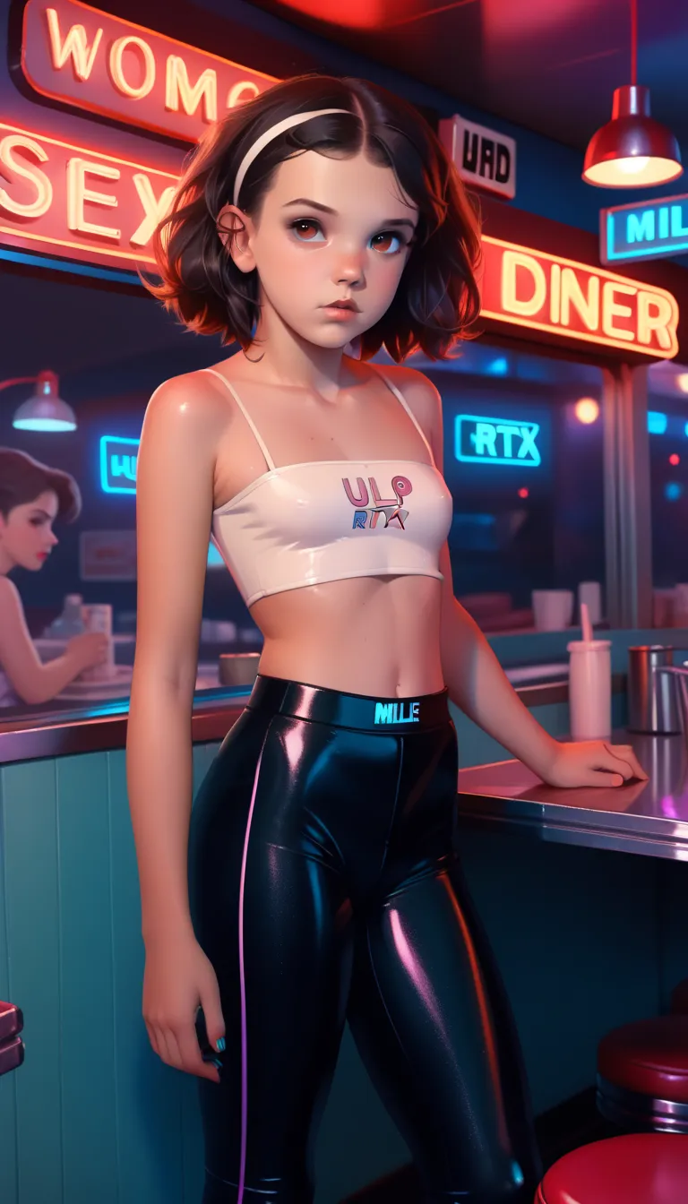 a young millie bobby brown, revealing skimpy crop-top and tight shiny leggings, working in a diner in the 1980s at night, dynami...