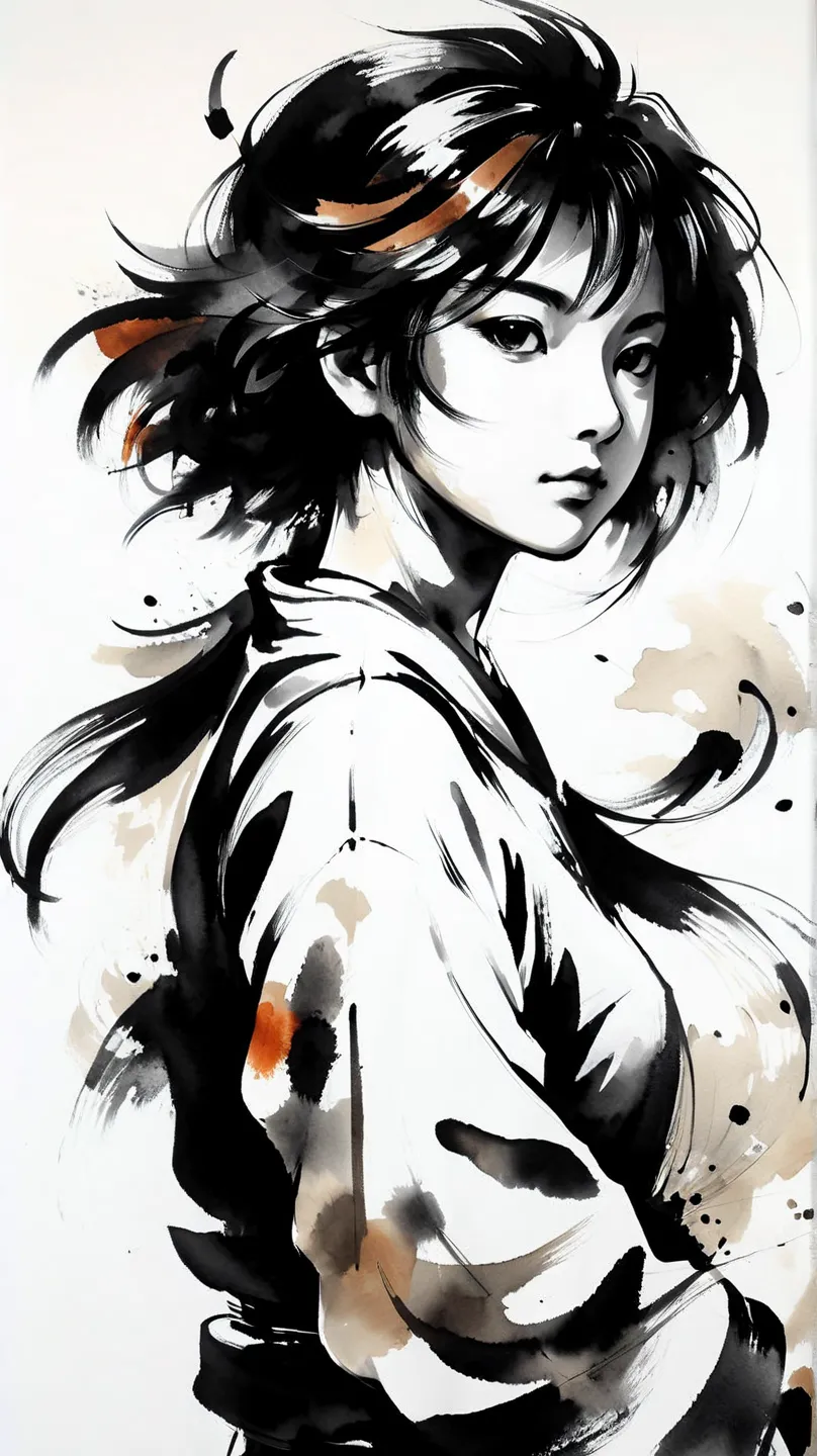 1girl, solo, looking at viewer,  sumi-e, masterpiece,best quality,extremely detailed,fine details,official art,unity 8k wallpape...