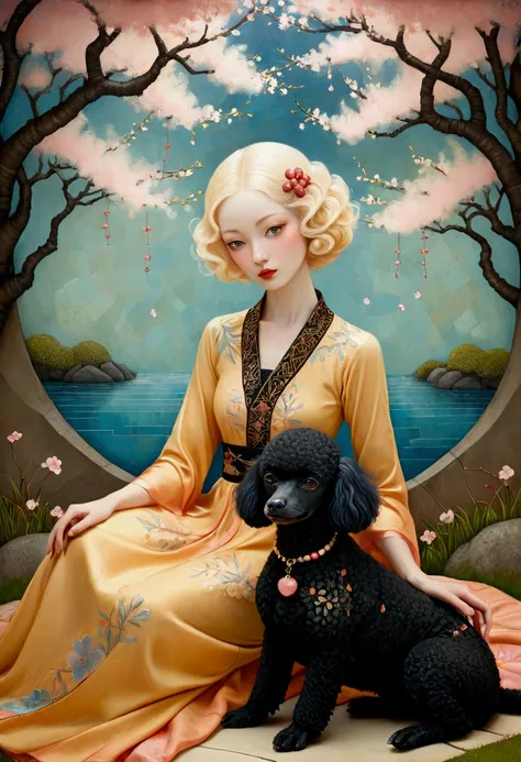 style by Andy Kehoe, Benjamin Lacombe, Catherine Hyde a woman with blonde hair and blue eyes, dressed in a ochre long dress and decorated with intricate patterns and warm colors, lying peacefully under a blooming cherry tree. Beside her, a ((black)) small ...