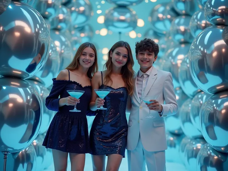  Photo of three friends in an elegant environment with a cinematic and modern aesthetic .  Two young girls wear short dresses of navy blue sequins ,  one with a long sleeve design and the other with straps .  Both are holding a light blue cocktail glass , ...