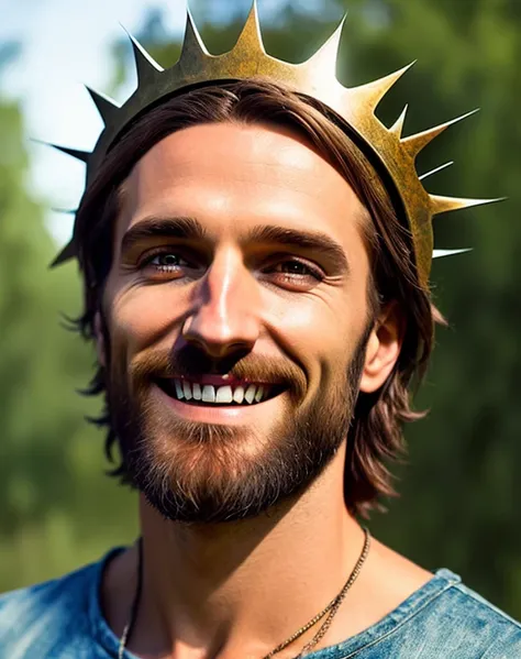  Jesus smiling Metalist in ragged clothes,  mysterious smile closer to , A crown of thorns on the head , realistic view , HDR, Em um show de metal, In the background,  a dancer near wooden crosses 