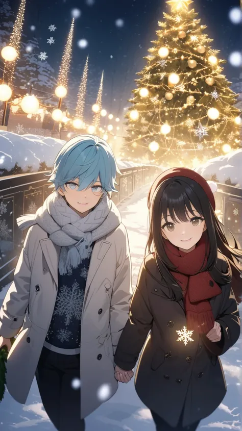 A beautiful Asian couple walking hand in hand, radiating happiness. Both have harmonious golden ratio facial features, wide double eyelids, and soft under-eye bags. The setting is a mystical and divine winter night with a Christmas tree in the background. ...