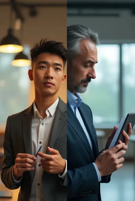 A split-image showing two halves: on the left, a young, energetic professional with a thoughtful expression, symbolizing fresh talent and new ideas. They could be holding a pen or tablet, gazing thoughtfully forward, suggesting ambition and curiosity. On t...