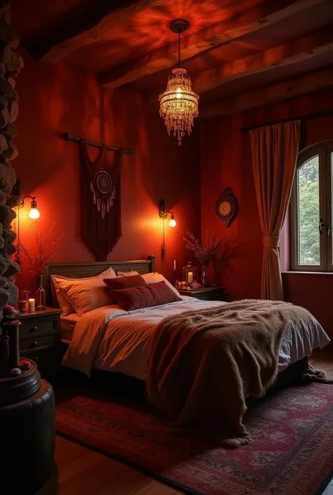 create a bedroom for an Aries person, based on the red colors and earthy tones of this sign, decoration elements, symbolism, astrology, intimate light, dramatic light, dim light, completely mystical, magical and mysterious aesthetics,
