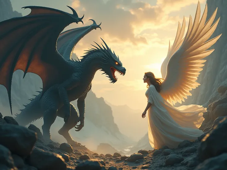 A high definition image with 8K details, An epic image showing a figure of a dragon is of darkness looking furiously at an angel of light, representing darkness and light