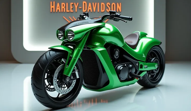 Generate a high-resolution, fully realistic image of a redhawk Harley Davidson) in (green), with a sleek and modern exterior, futuristic wheels, and a shimmering body color, displayed in a luxurious showroom with a large logo on the back wall. The bike sho...