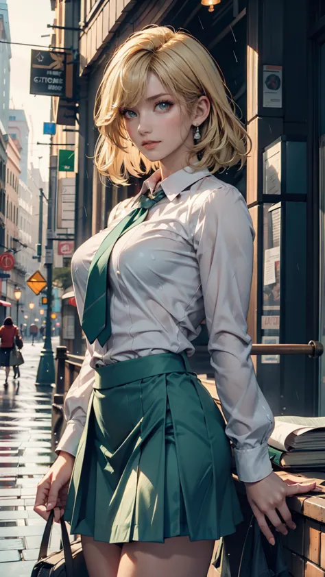 1 girl, blonde,  short hair,  blue eyes,  white shirt,  green tie,   green skirt , city, rain,  detailed background