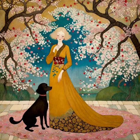 Art style by Klimt, Sam Toft, Florine Stettheimer, Dina Wakley, Catrin Welz-Stein, Gabriel Pacheco, Elisabeth Fredriks. a wide shot of a european woman with blonde hair and blue eyes, dressed in a ochre long dress and decorated with intricate patterns and ...