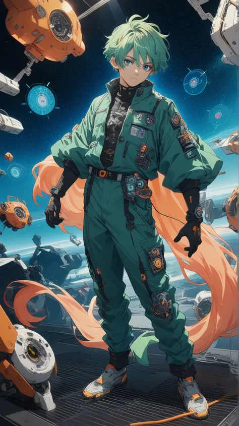 An energetic anime-style boy with bright green hair styled into a messy fauxhawk and vibrant blue eyes, dressed in a white and orange space explorer suit covered in small gadgets and patches. His suit has a modular design, with tools and devices attached t...