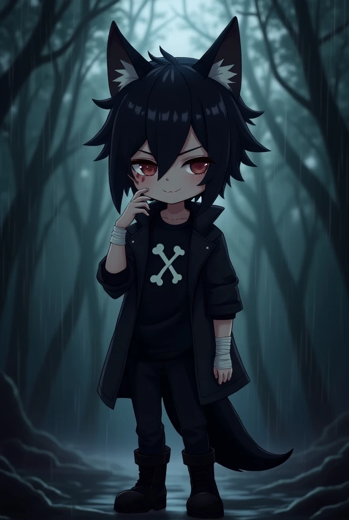 a black-haired femboy with serious wolf ears wearing a black shirt with the image of bone a black jacket that covers his mouth a hood a black pants with black boots with a black wolf tail with a small smile in a forest at night with rain cartoon anime prof...