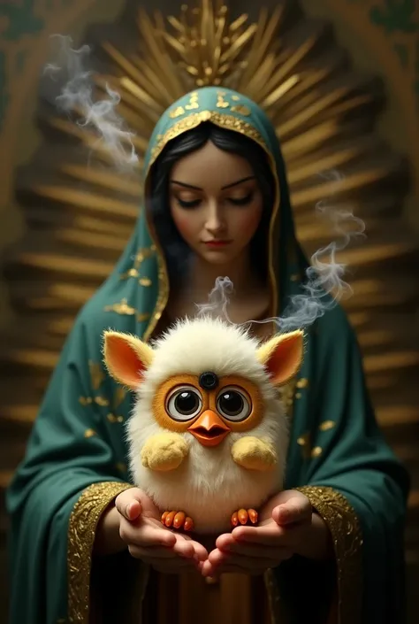 Furby in the hand of Our Lady of Guadalupe 
Smoking weed