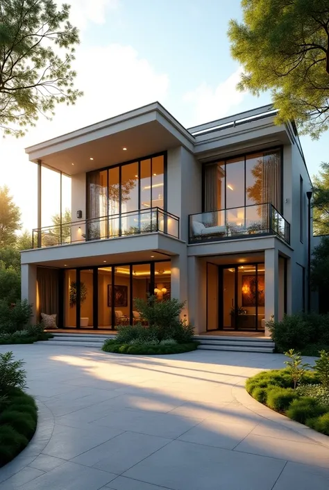 Imagine a charming two-story house, its elegant design both modern and welcoming. The front façade features large glass doors and windows that stretch across the lower and upper levels, allowing natural light to flood the interior. The house is bathed in t...