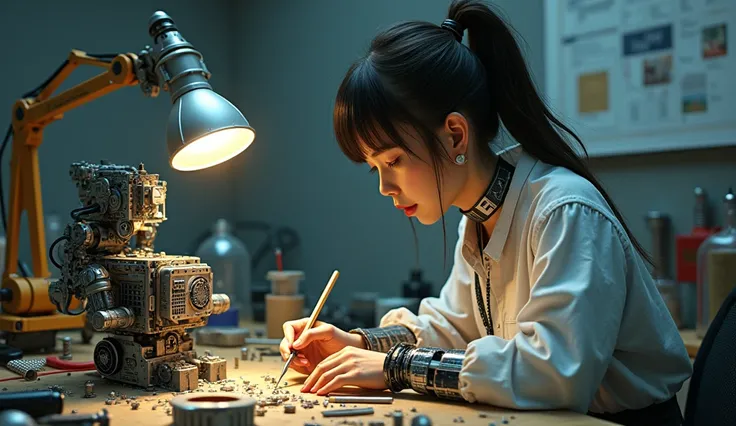 masterpiece,  best quality, a cyborg girl sits at a table and assembles a robot from electronic parts, Soldering iron, lamp, Screws, screws