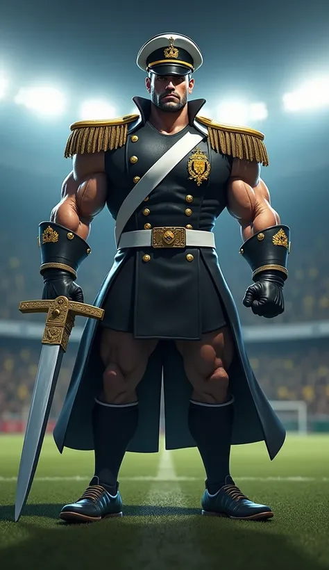 The Vasco Almirante mascot, a muscular and imposing figure, stands out on the football field with his warrior-like posture. He wears a uniform inspired by naval officer attire, featuring a black coat with white details, an official hat, and the Vasco emble...