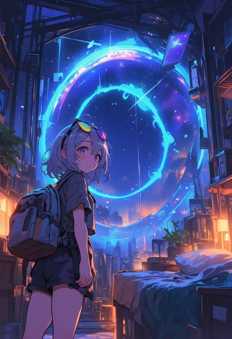  anime illustration ,   front view,  a girl with silver hair and colored sunglasses on her head turns around the viewer, She carries a backpack, It happens inside a modern bedroom at night  ,   there is a portal to another world open in her room  