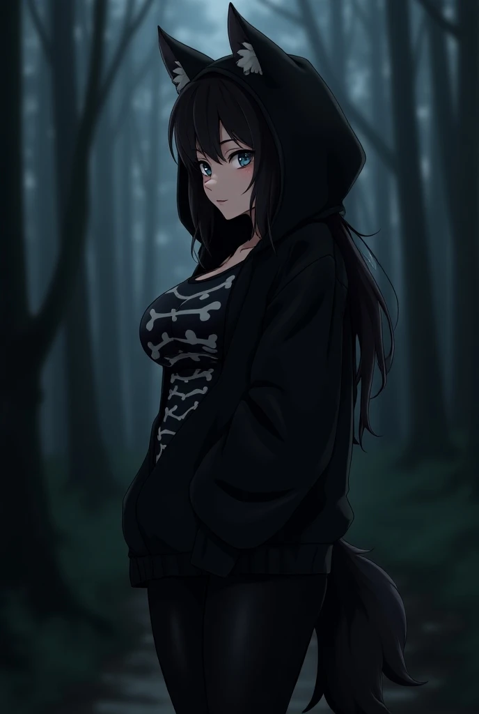 a black-haired woman with serious wolf ears wearing a black shirt with the image of bone a black jacket that covers her mouth a hood a black pants with black boots with a black wolf tail with a small smile in a forest at night with rain cartoon anime profi...