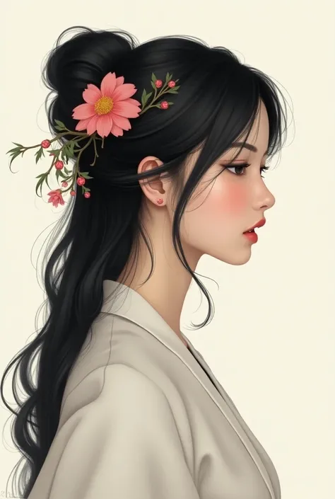 1 ,  long hair, open mouth,  black hair ,  hair flower ,  Bun for hair and breasts, Rice, minimalism, 