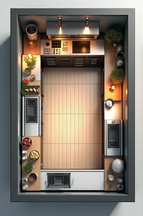 Kitchen floor planning for restaurant kitchen space at 20×8 ,35" sqft stove, working table,1 chiller, 1 freezer, 1 rack, oven, 2 sqft basin×2 and exhaust fan 