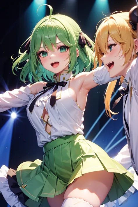 Vocaloid, k pop star, adorable beautiful woman, long vocaloid ears, pleated skirt, pop star dancing, on stage, green hair, 