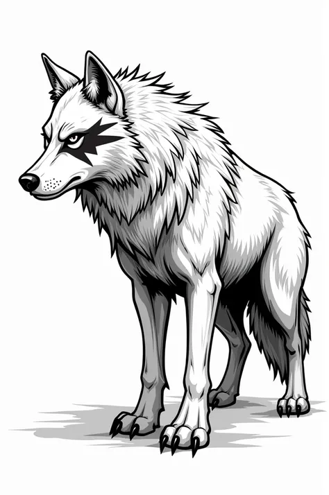  Image of a serious wolf with a scar on his eye, black and white line style 