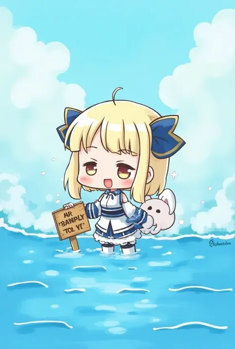  cartoon girl with a sign in the water with a cat,  by the water , gazing at the water, I can do it., Warship Compilation Characteristics , Watercolor nendoroid , anime I can do it.,  Water is everywhere Fantasy , Pixie,  Official Art Fan, Kawasaki, ; Grap...