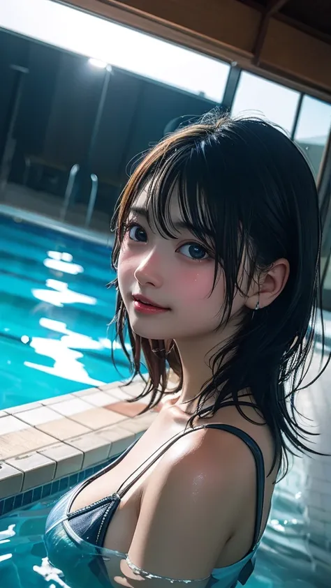 ((From the side))、  ,   Portrait of,   swimming in the pool  ,   cute expression  , smile,   lively, chubby, Big Breasts、  LOW ANGLE  ,   sweated,   surrealism ,   surrealism ,  There is a movie light,  motion blur ,   Ray Tracing , 超 there is nothing, Acc...