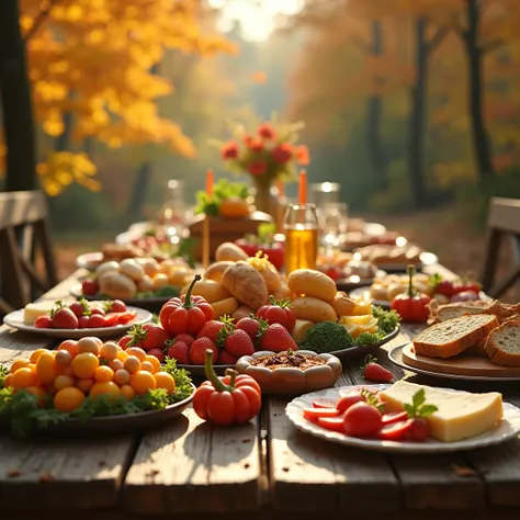 A lot of fternoon lunch on wooden table on shiny day outdoor in autumn 
