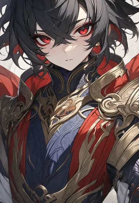 Solo, ((1 young boy)), black hair, red eyes, (((high quality))), masterpiece, detailed face, fantasy design, fantasy beautiful clothes, Crossed Bangs, (boy), male