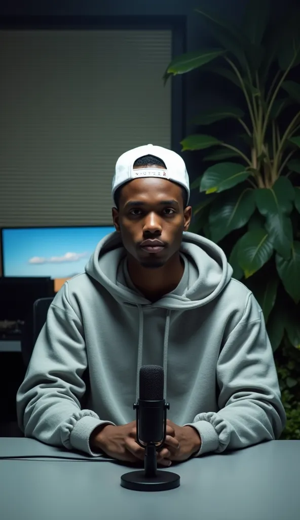 A young Nigerian guy, wearing a white baseball cap backward and a thick designer urban style hoodie, sitting perfectly centered in front of a grey desk with shure microphone and looking directly at the camera with a casual expression. Background is blurred...