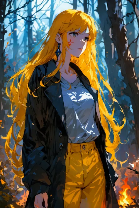  A young woman ,  with medium large breasts , medium large thighs ,  round butt,  has a gray shirt and a long black jacket ,  long dark blue pants with a fire mark on the bottom of the pants,  long yellow hair and this one in a forest 