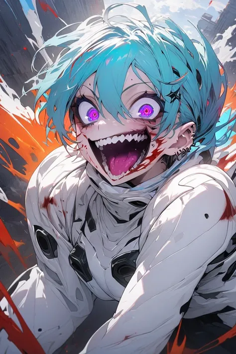 masterpiece, best quality, awesome colors, piercing eyes, highest quality, 1 girl, black and white combat suit, short aqua hair, purple eyes, slim body, big breasts, crazy look, wide eyes, crazy smile, blood on the cheek, living room