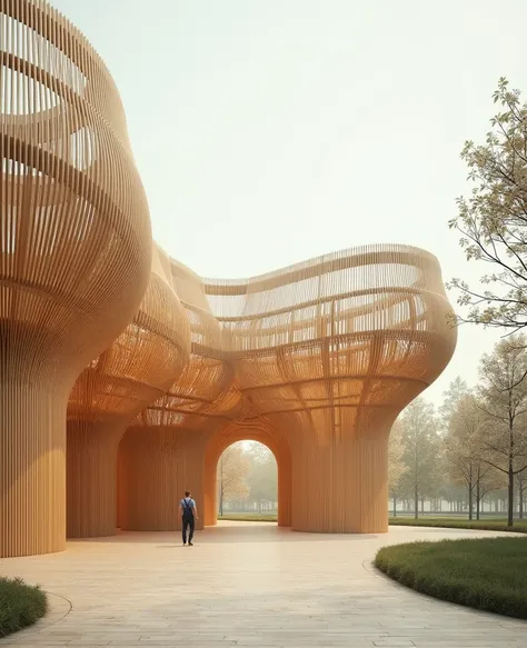 To that image he creates with that form of that work an architectural membrane design with bamboo