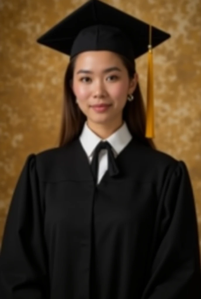 Graduation image 
Woman
Black cap with golden tail
Black robe
White shirt that can only be seen on the chest and collar and the rest that you can see the full coat
Black tie
From the front and with the hair behind
Golden marbled background 
