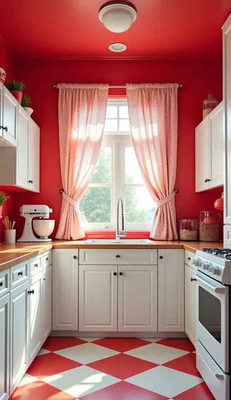 A White Kitchen with a Cherry Red Accent Wall and Polka Dot Curtains

Details:

Setting and Atmosphere:

The kitchen is full of retro charm, with a playful and nostalgic atmosphere. The bright white cabinets and cherry red accent wall create a bold contras...