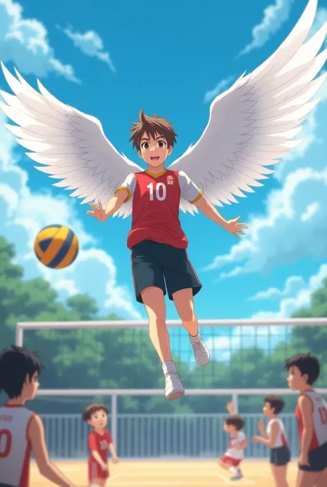 A very fair-skinned boy with brown hair and brown eyes and large eyelashes  , 162 tall in haikyuu hitting the ball over the net and the heads of Nekomas opponents, jersey number 10 Karasuno and places half transparent wings on their backs like a raven 